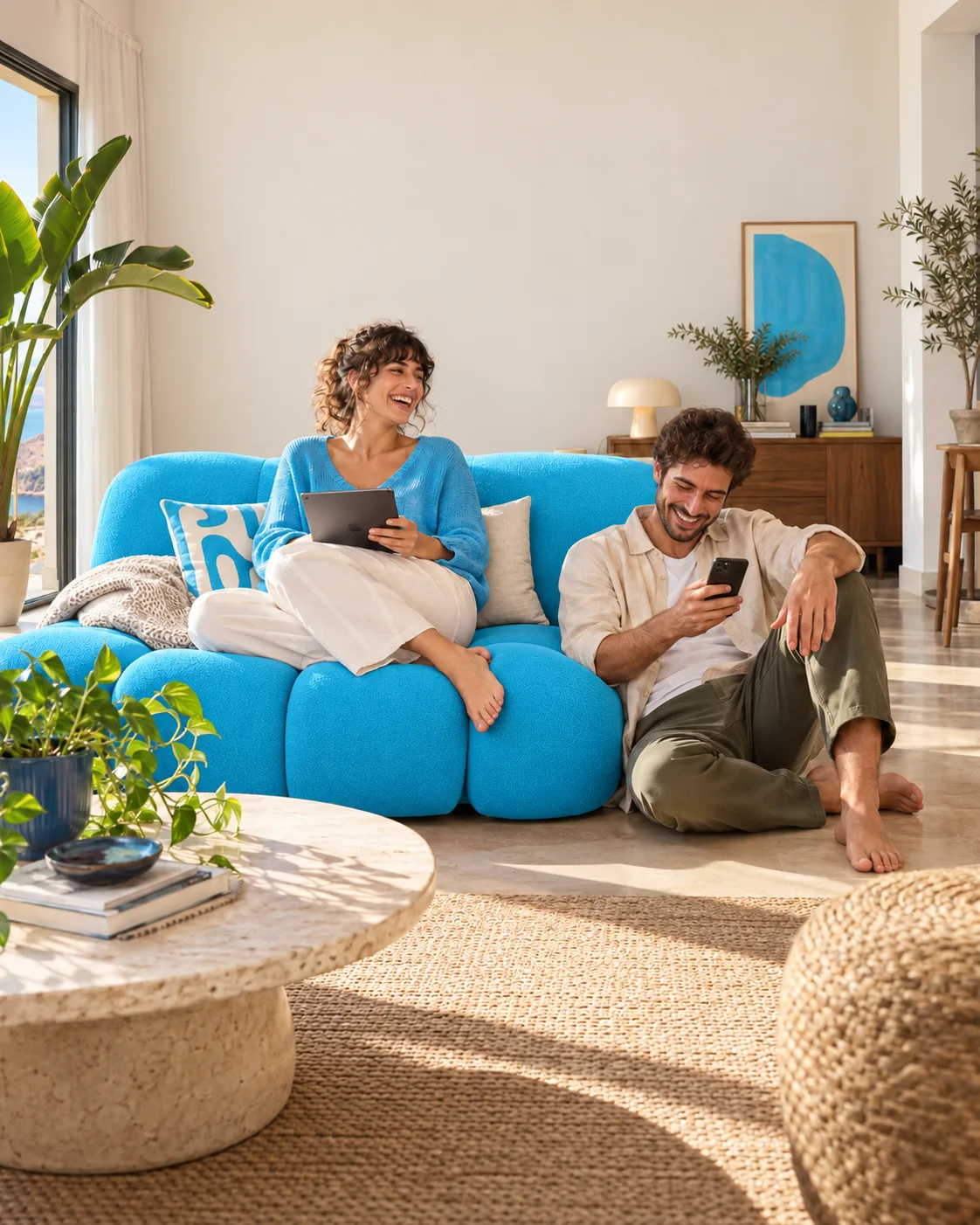 Una pareja disfruta de su conexión en casa sobre un sofá azul